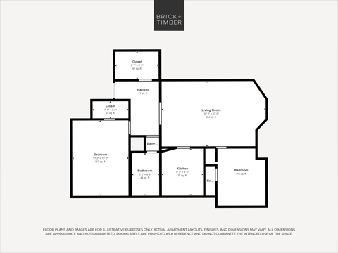 Floor plan for 2 beds, 1 bath, 859 sqft